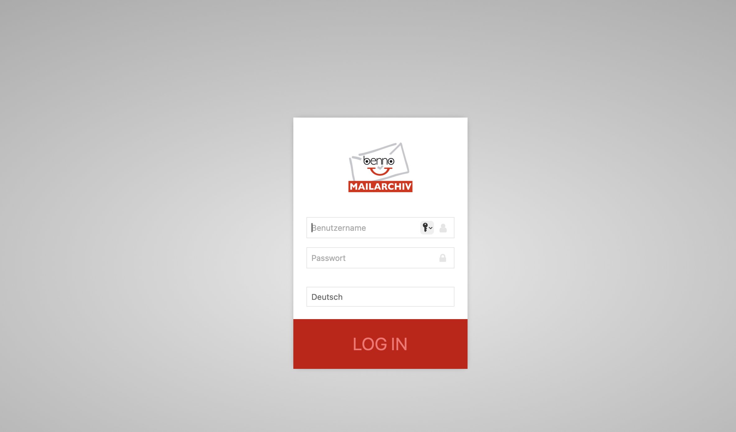 Benno-MailArchiv Login-Maske mit Benutzername, Passwort und Sprachauswahl Deutsch