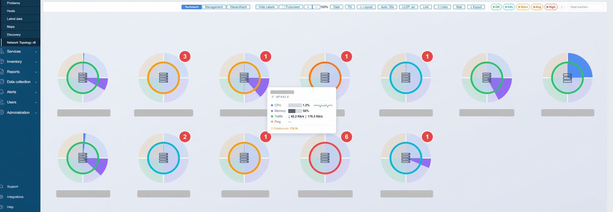 Live-Traffic-Heatmap auf den Kanten zwischen Hosts