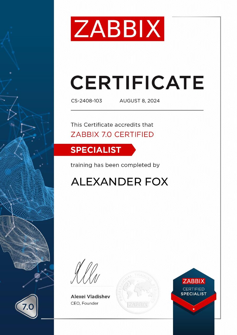 Zabbix Certified Specialist Zertifikat für Alexander Fox, ausgestellt am 8. August 2024